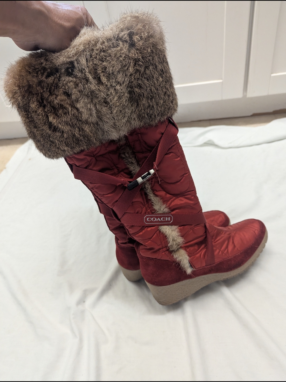 Coach Y2K Mackenzie Rabbit Fur Wedge Knee High Monogram Logo Boots Women's 9 - Picture 13 of 15